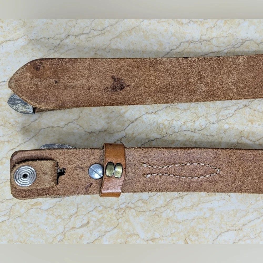 Vintage Bianchi Brown Rugged Leather Western Tooled Belt Silver Accents Women 38